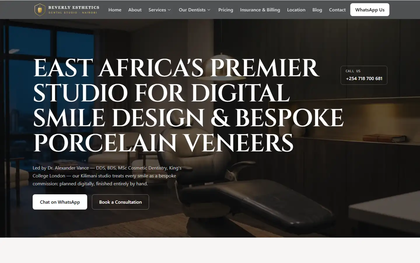 Beverly Esthetics homepage: "East Africa's premier studio for digital smile design & bespoke porcelain veneers."