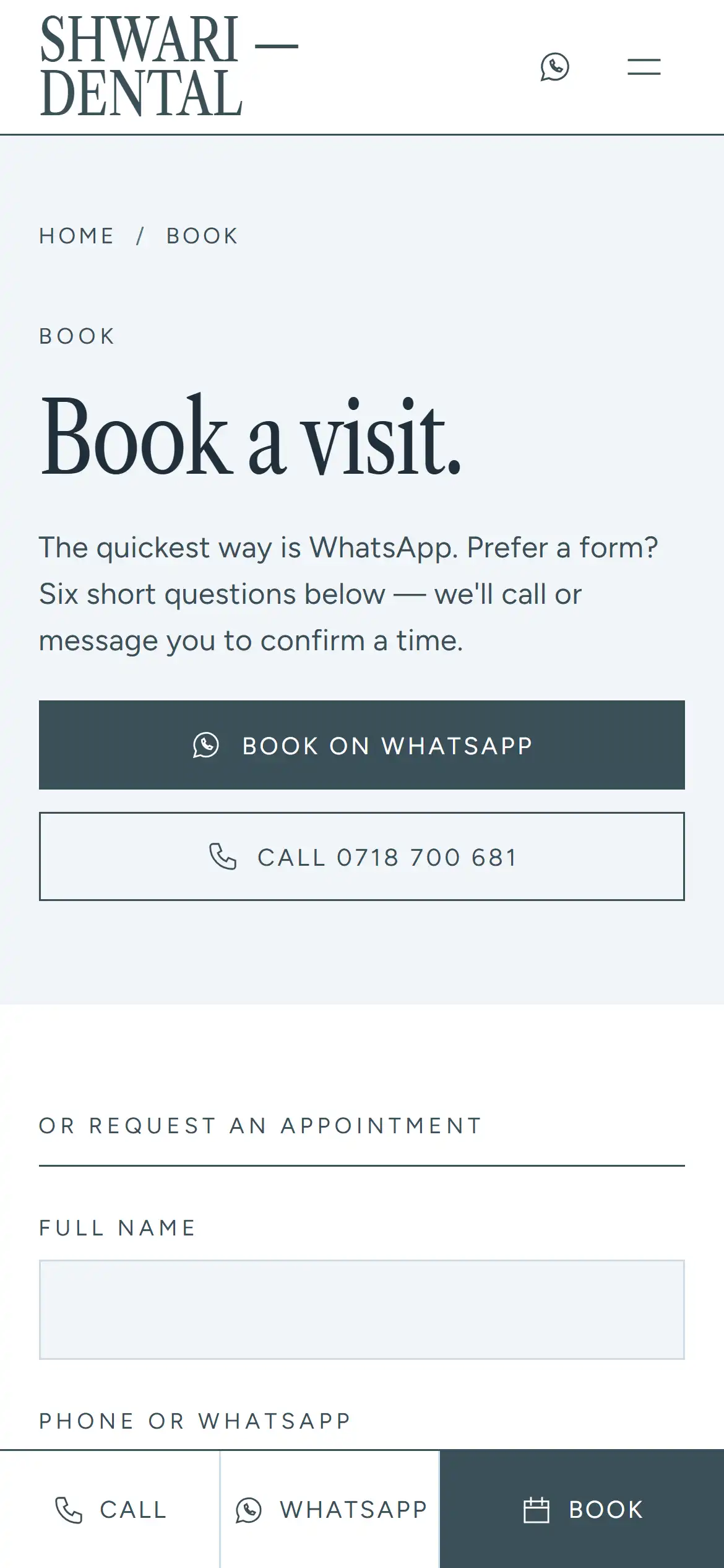 Shwari booking page: "Book a visit." with WhatsApp first