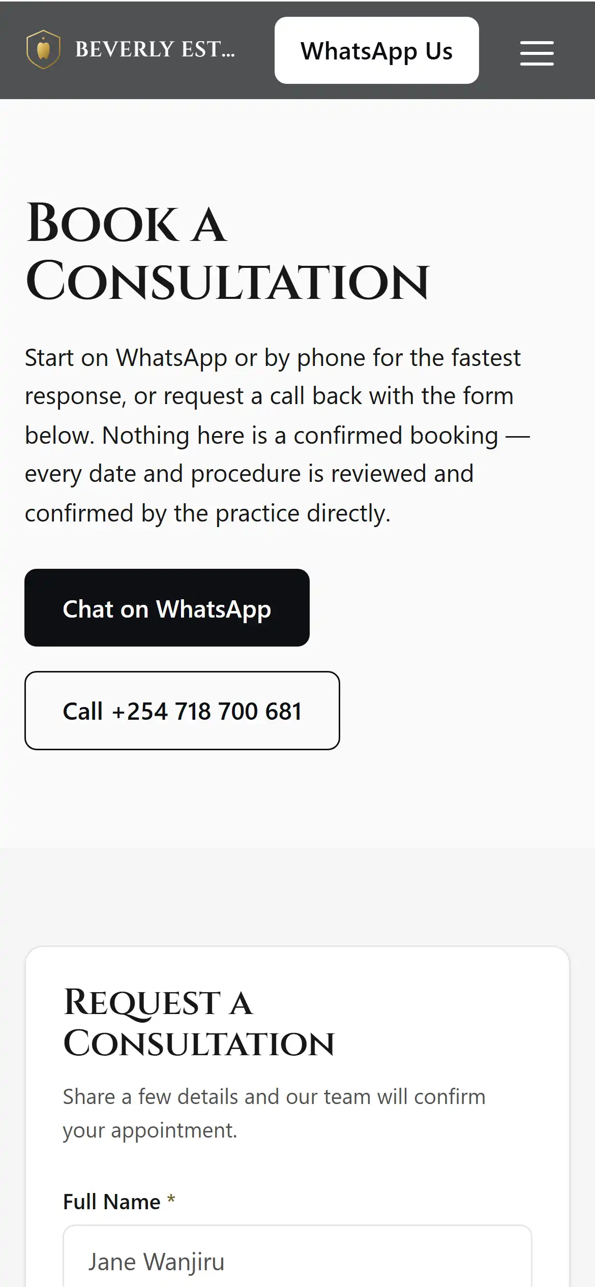 Beverly booking page: "Book a consultation" with WhatsApp first