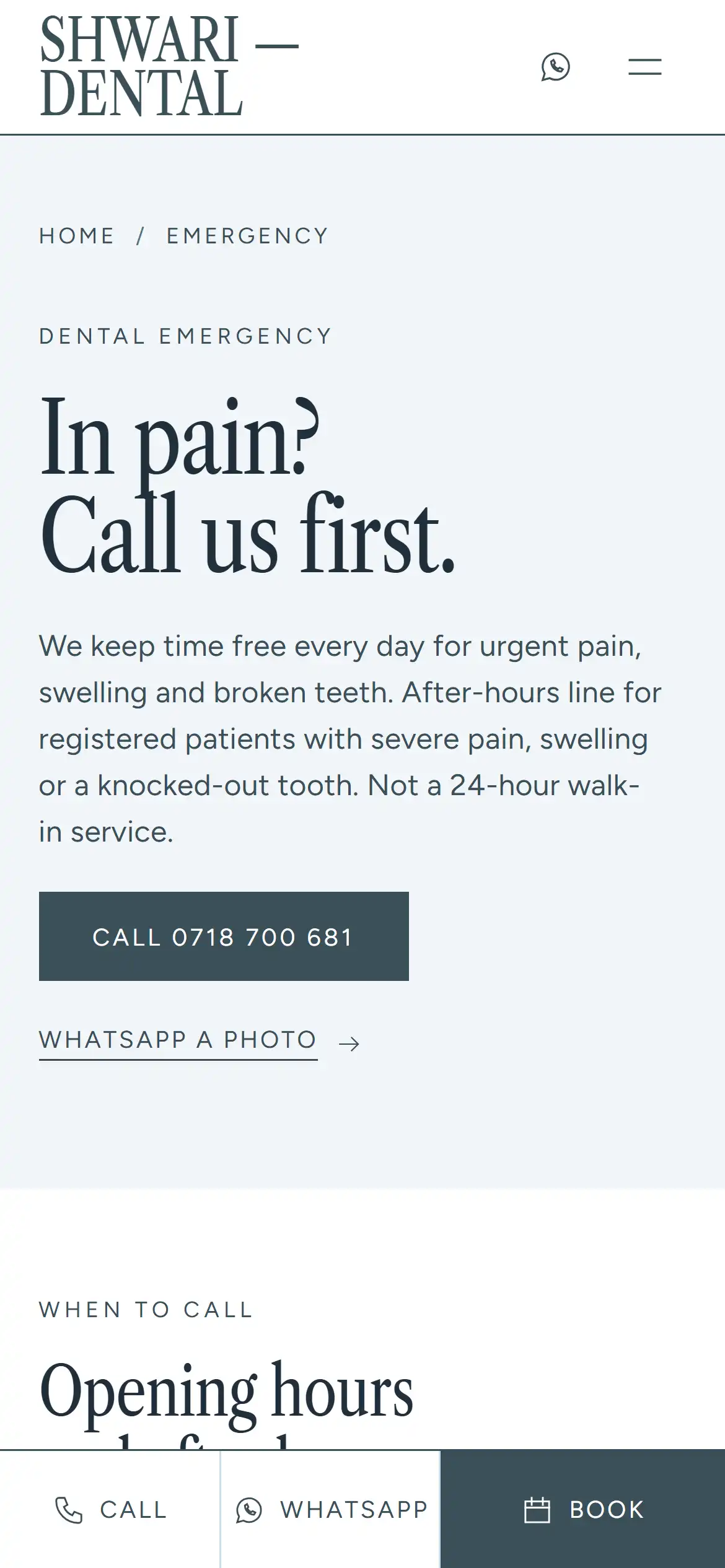 Shwari emergency page: "In pain? Call us first."
