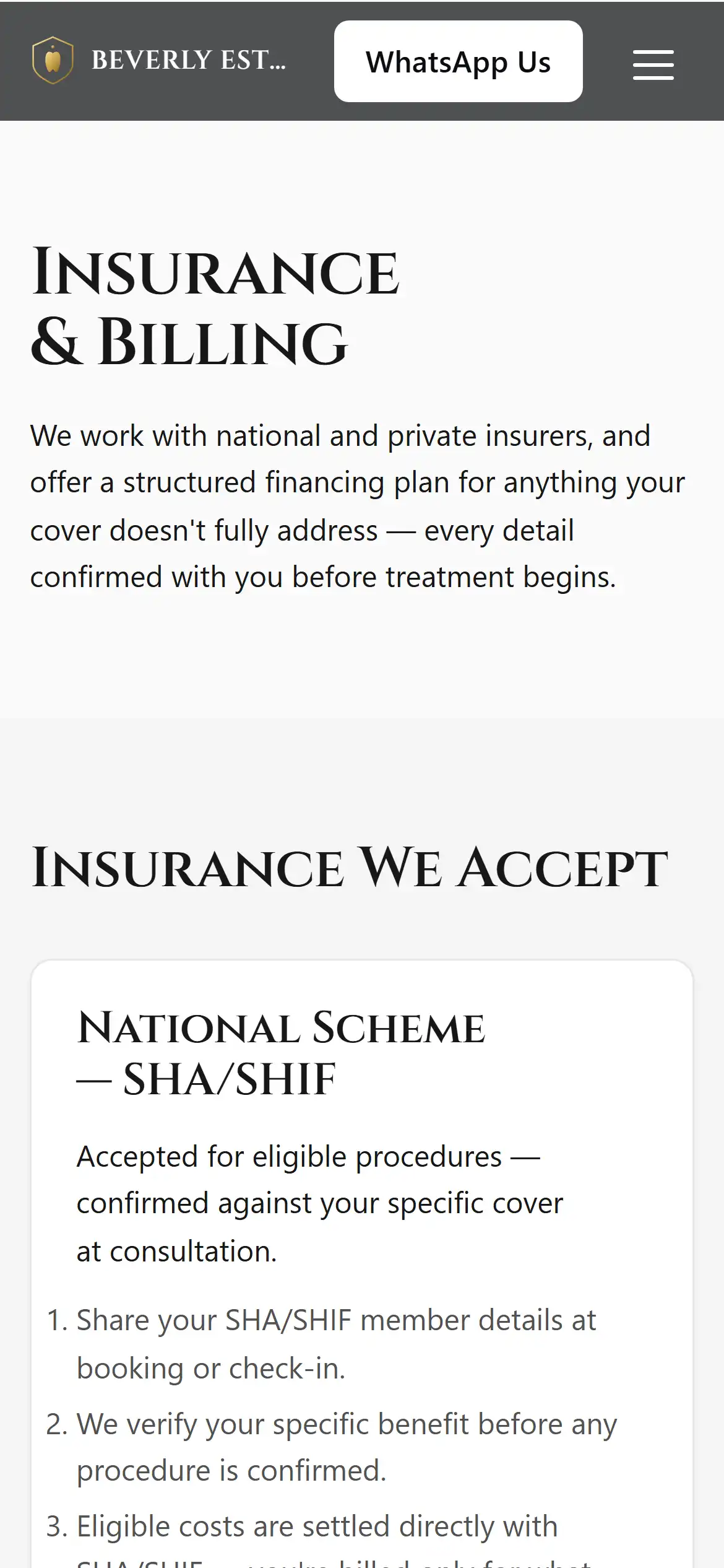 Beverly insurance page: "Insurance & billing"