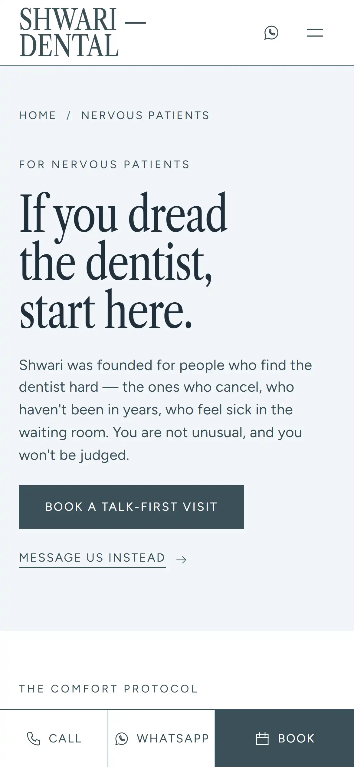Shwari nervous-patients page: "If you dread the dentist, start here."