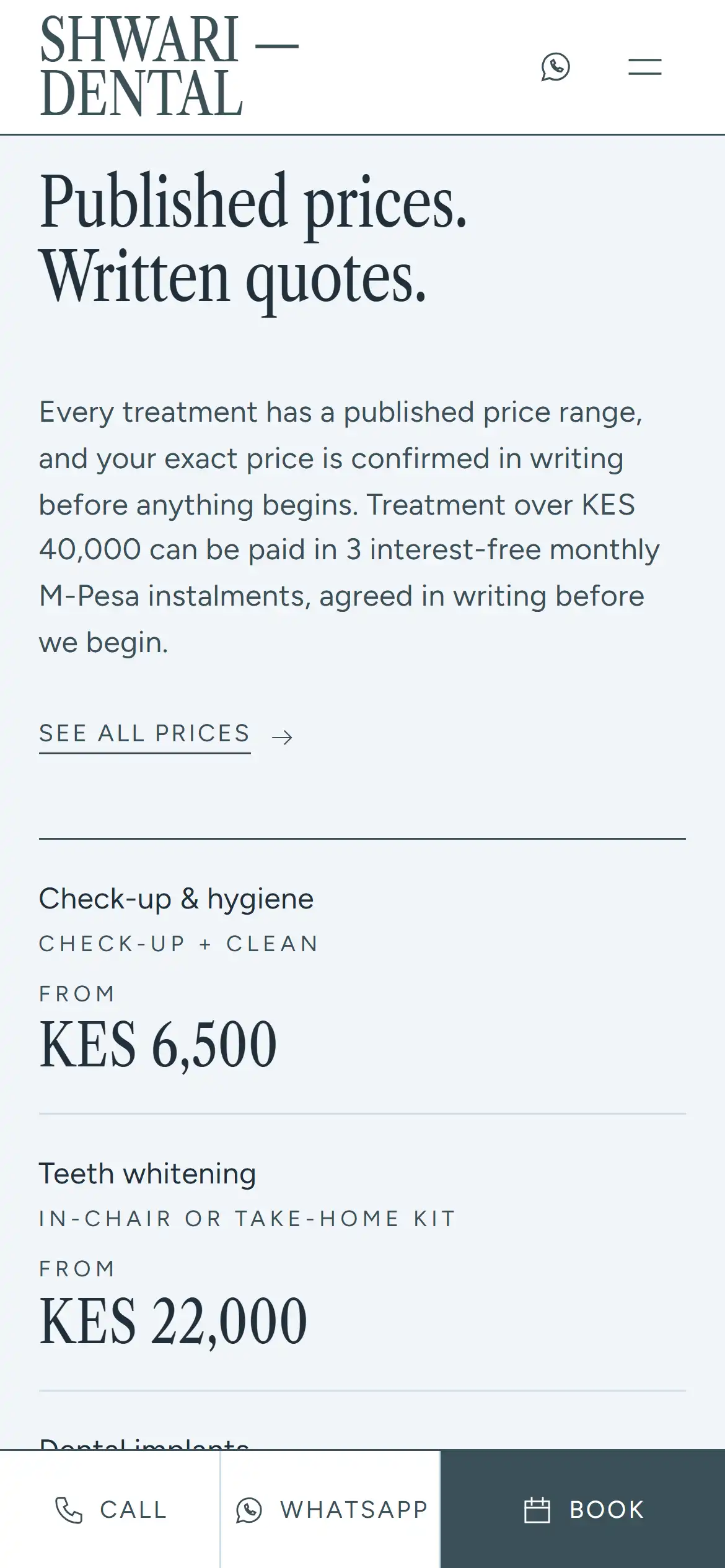 Shwari pricing section: "Published prices. Written quotes."